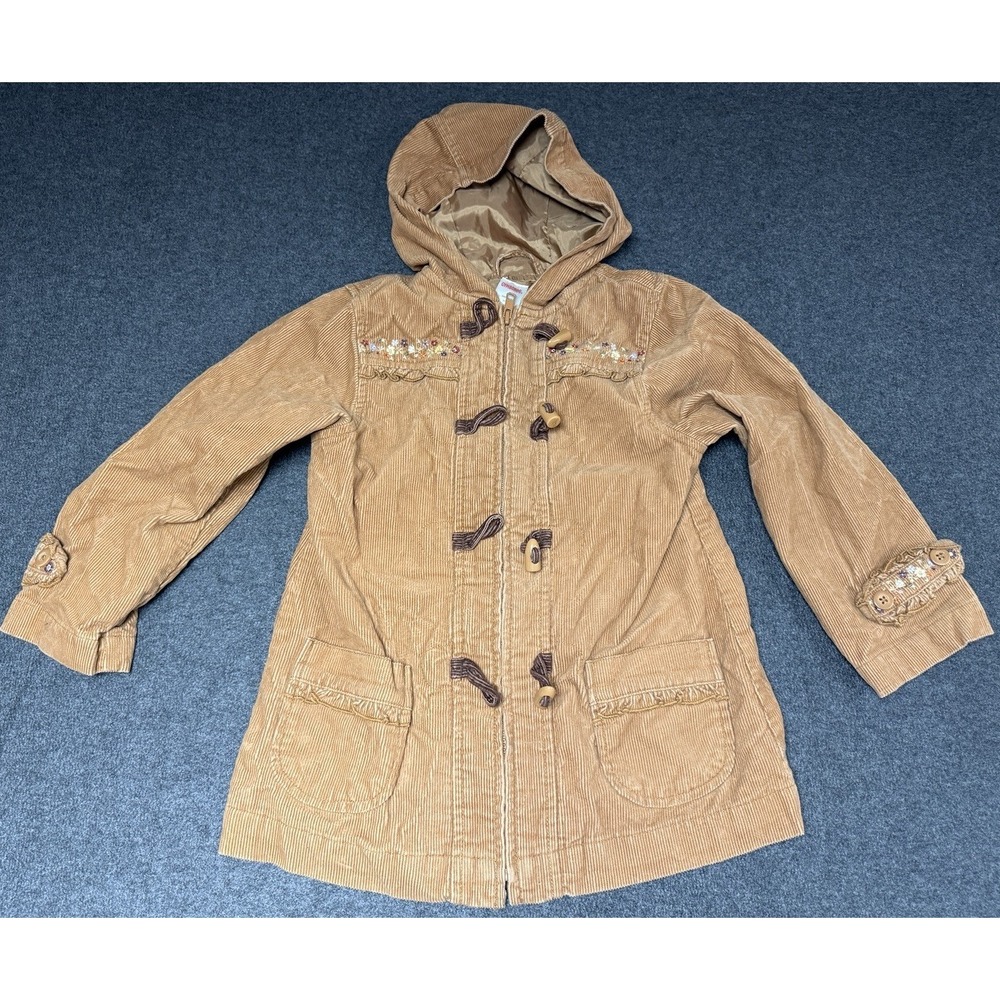 VTG Gymboree Girls Size 5 Coat Tan Corduroy‎ Embroidered Hooded Toggle Buttons